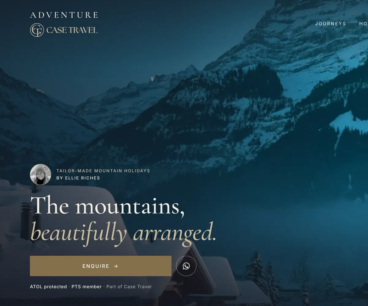 Adventure by Case Travel website: snowy alpine peaks with the headline The mountains, beautifully arranged